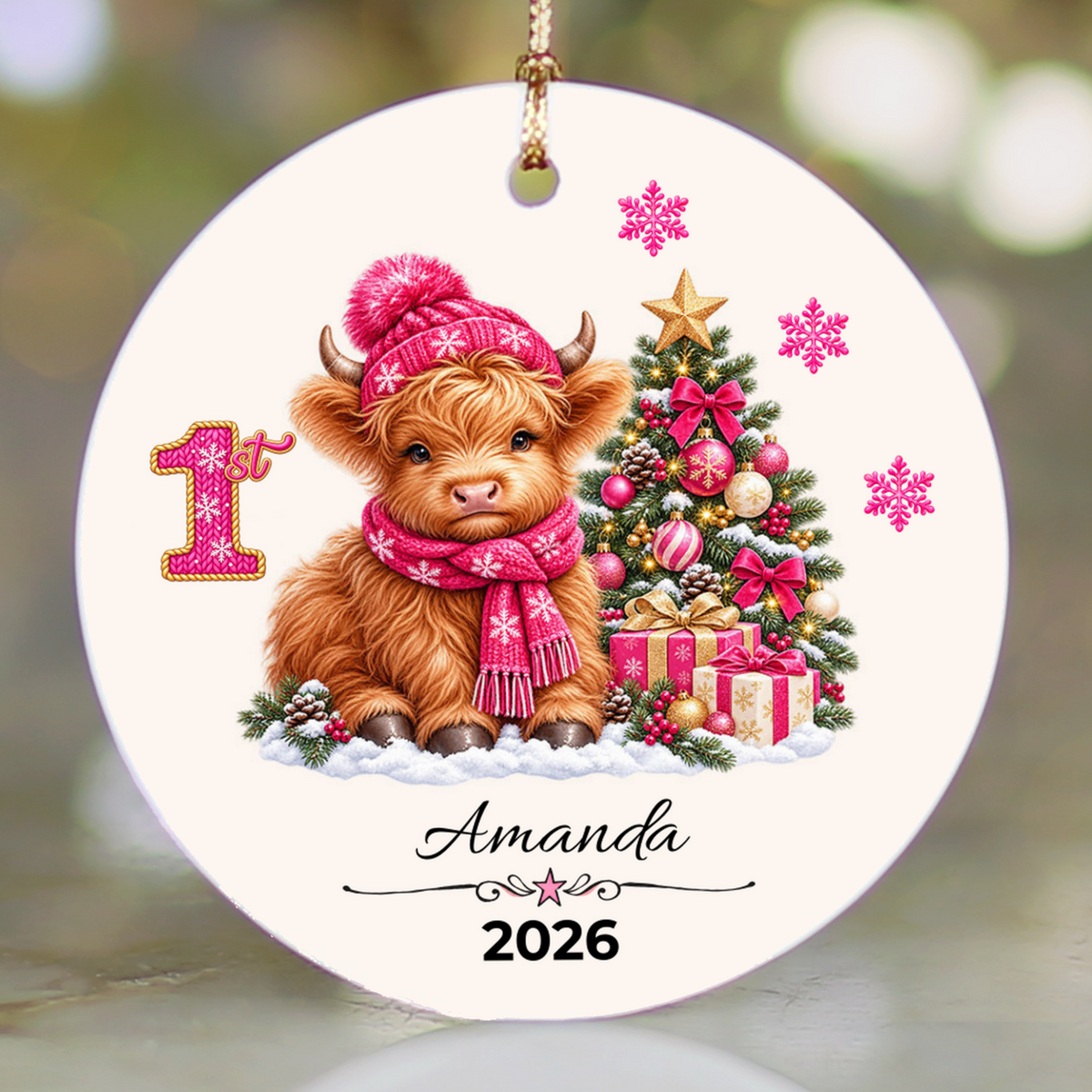 Personalized Christmas Ornament – Pink Girl Highland Cow First, Second, Third Christmas 2026, Custom Name Keepsake, 3 Inch Ceramic Holiday Decor