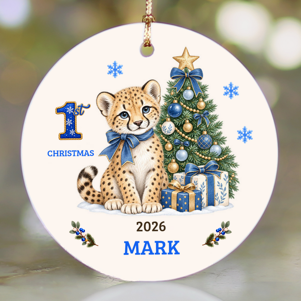 Personalized Baby Cheetah Christmas Ornament, Baby's First Christmas, 1st–10th Year Keepsake, Custom Name and Year, Pink or Blue