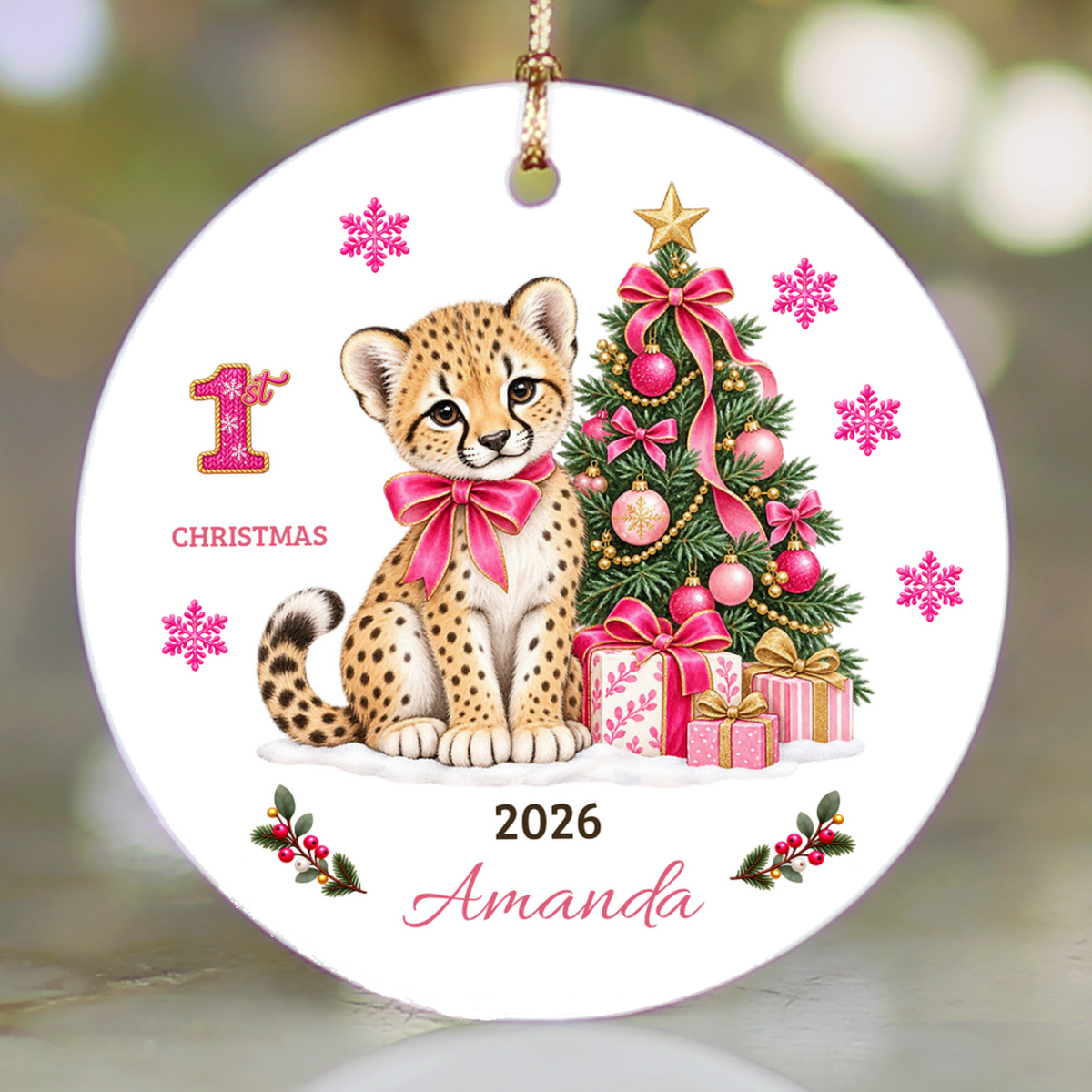 Personalized Baby Girl Cheetah Christmas Ornament, Baby's First Christmas, 1st–10th Year Keepsake, Custom Name and Year, Pink or Blue