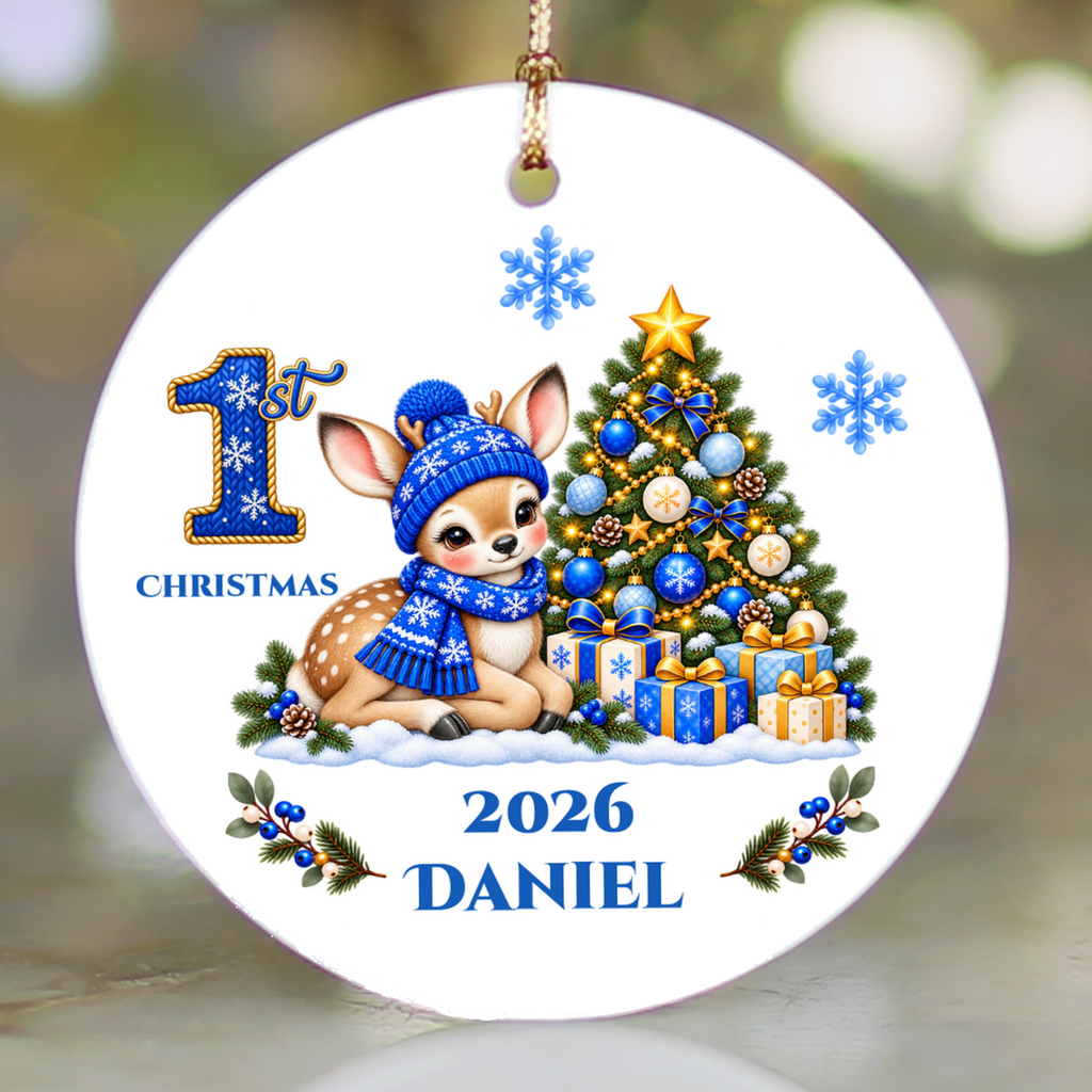 Fawn Baby Personalized Christmas Ornament, Baby's 1st 2nd 3rd Christmas, Custom Name Year Ceramic Keepsake, Boy or Girl Gift