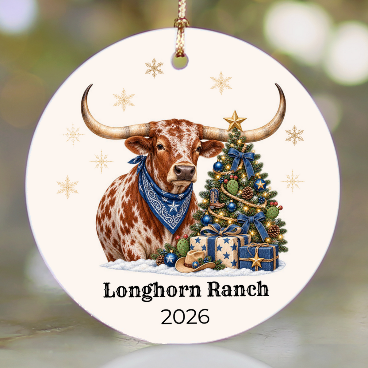 Personalized Longhorn Christmas Ornament, Western Cowboy Ceramic Ornament, Custom Name and Year