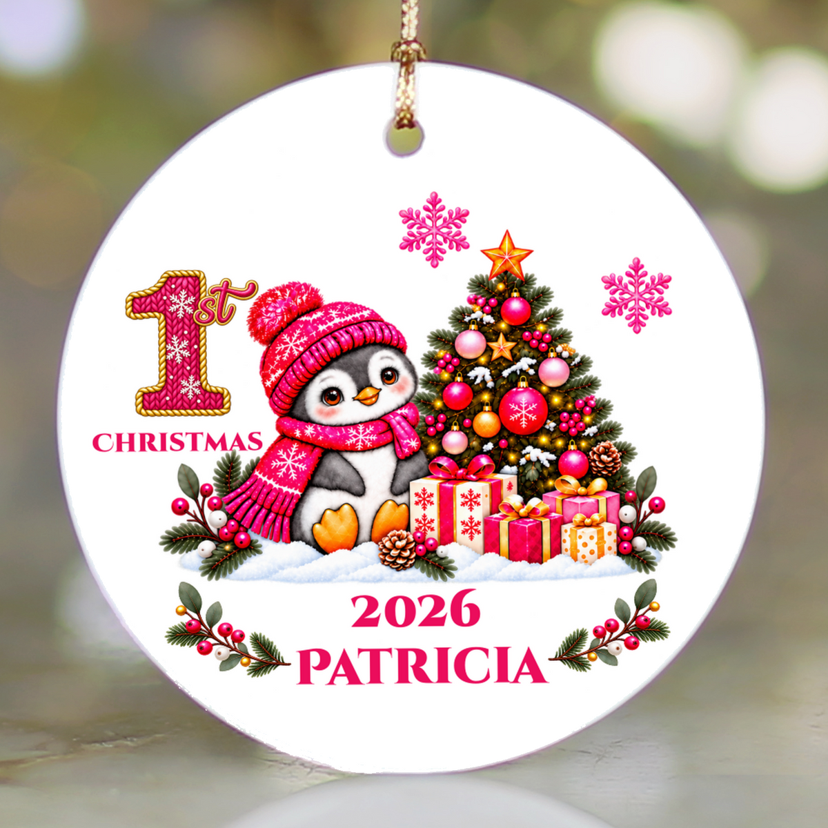 Penguin Baby Personalized Christmas Ornament, Baby's 1st 2nd 3rd Christmas, Custom Name Year Ceramic Keepsake, Boy or Girl Gift