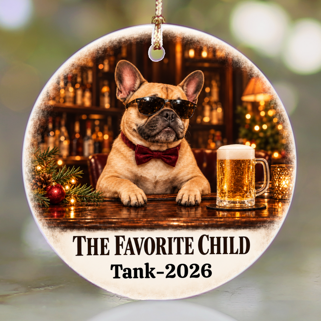 Personalized Dog Photo Christmas Ornament, The Favorite Child, Custom Pet Portrait, Funny Dog Lover Gift, Name and Year Ceramic Keepsake