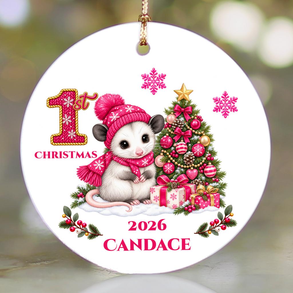 Opossum Baby Personalized Christmas Ornament, Baby's 1st 2nd 3rd Christmas, Custom Name Year Ceramic Keepsake, Boy Gift
