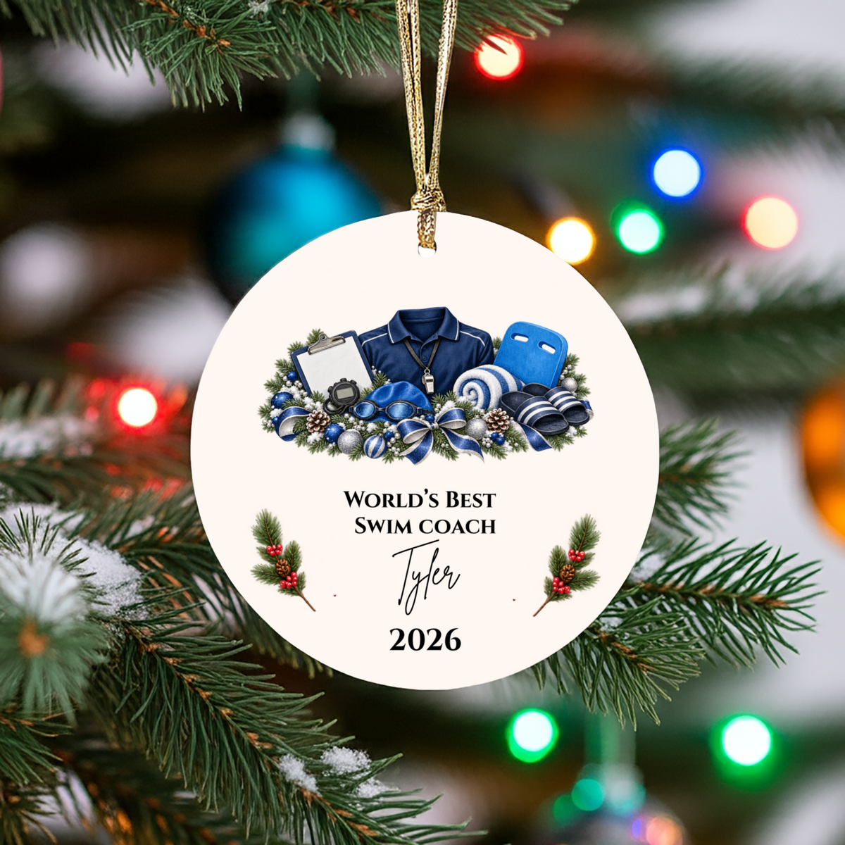 Personalized Swim Coach Ornament, Swimming Coach Christmas Gift, Custom Coach Appreciation Keepsake, Swim Team Gift, Name and Year