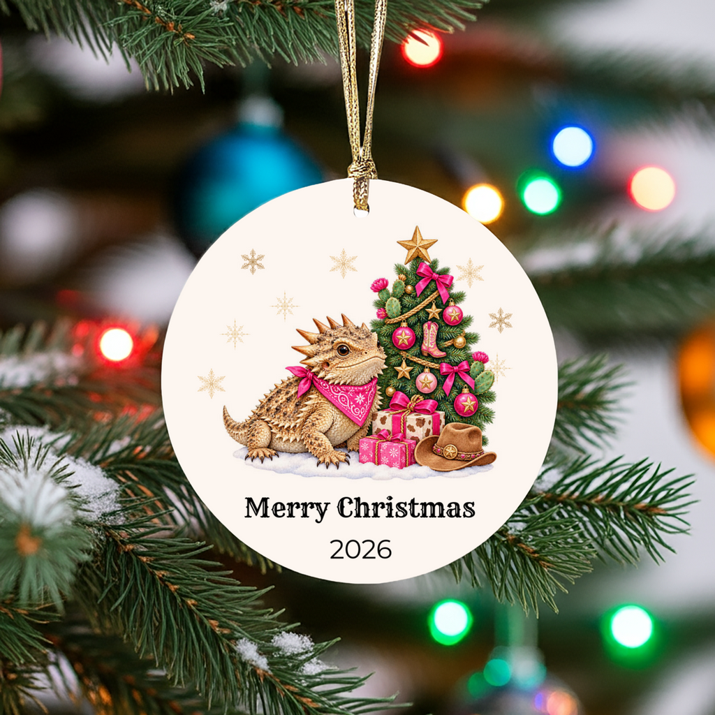 Personalized Horny Toad Christmas Ornament, Texas Horned Lizard, Western Cowboy Cowgirl Decor, Blue or Pink, Custom Name Year Gift