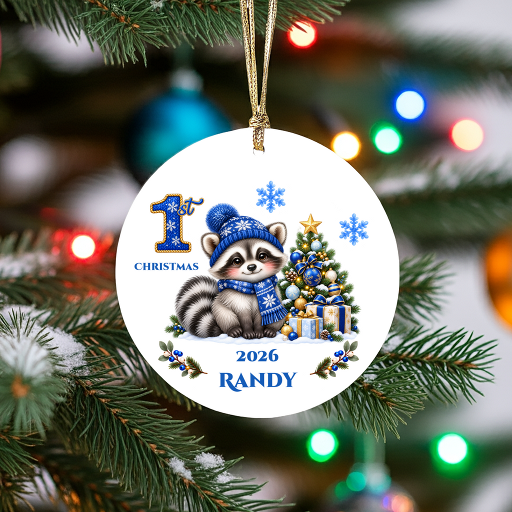 Baby Raccoon Personalized Christmas Ornament, First Christmas Keepsake, Pink Winter Animal Ceramic Tree Decoration, New Baby Gift 2026
