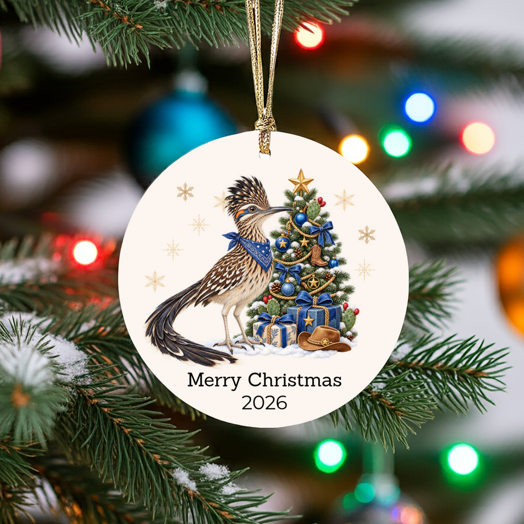 Personalized Roadrunner Christmas Ornament, Western Cowboy Cowgirl Decor, Blue or Pink, Custom Text and Year, Southwest Christmas Gift