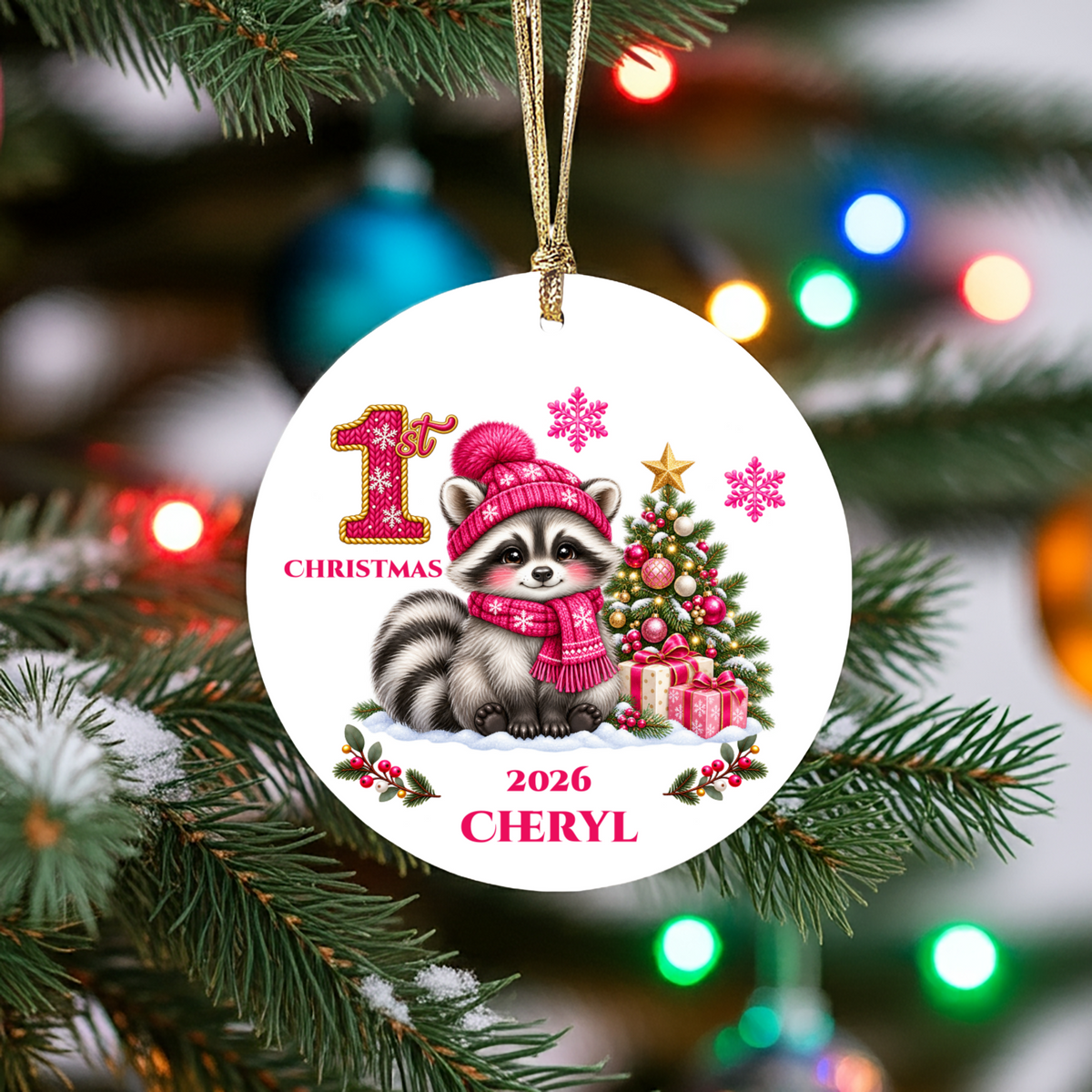 Raccoon Holiday Decor, Baby's First, Second, Third Christmas Ornament, Holiday Decor, Ceramic Tree Decoration 3 Inch