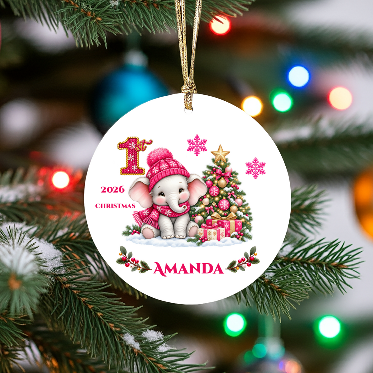 Elephant Baby Personalized Christmas Ornament Pink, Baby's 1st 2nd 3rd Christmas, Custom Name Year Ceramic Keepsake, Girl Gift