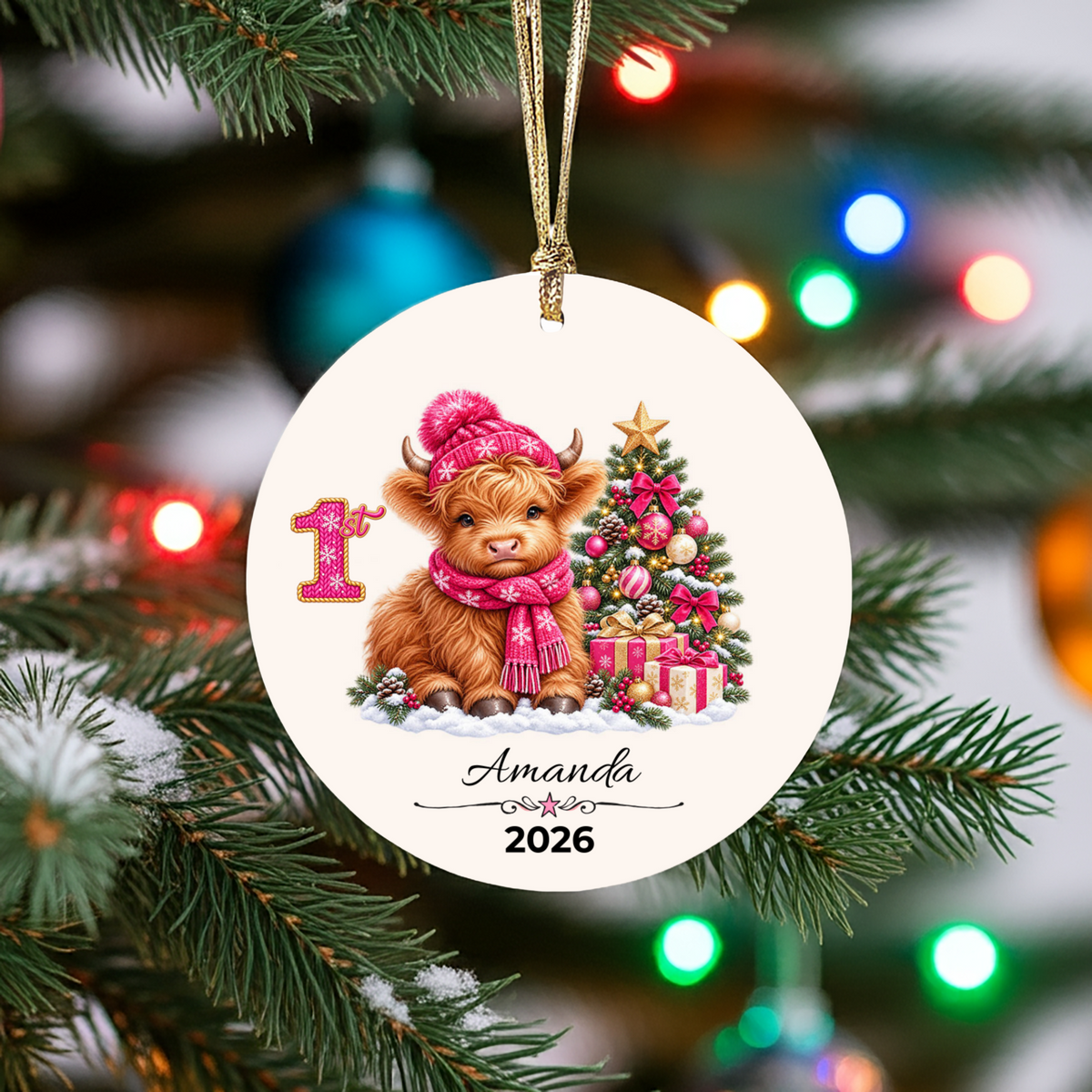 Personalized Christmas Ornament – Pink or Blue Highland Cow First, Second, Third Christmas 2026, Custom Name Keepsake, 3 Inch Ceramic Holiday Decor
