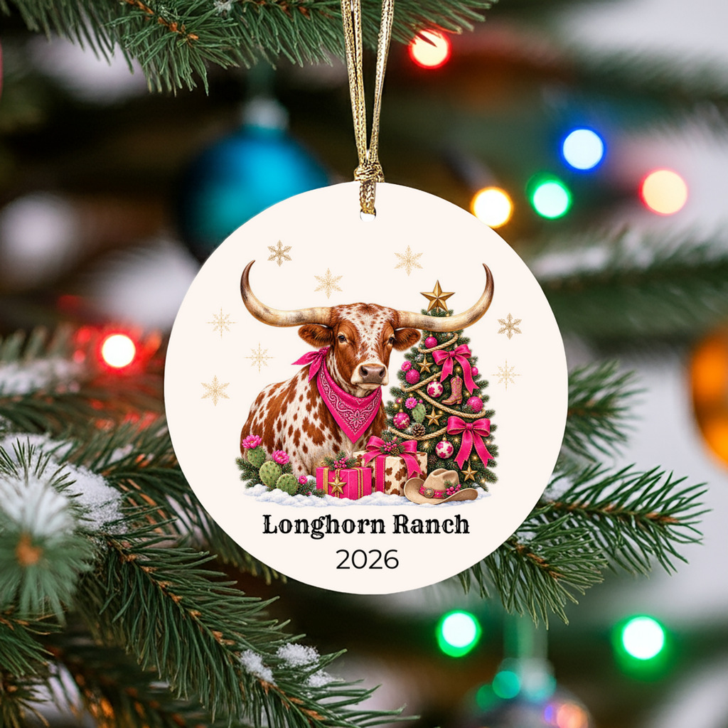 Personalized Longhorn Christmas Ornament, Western Cowboy Ceramic Ornament, Custom Name and Year