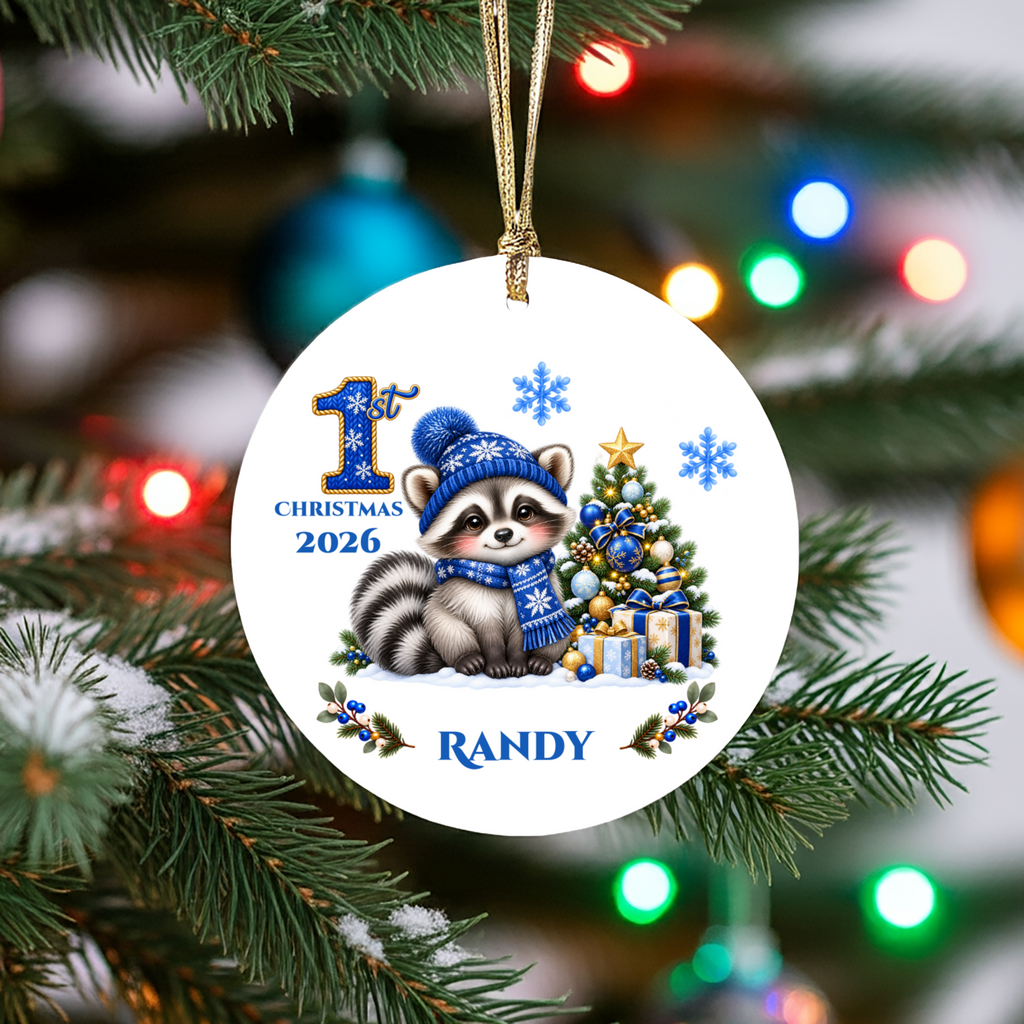 Christmas Raccoon Ornament, Woodland Animal Holiday Decor, Blue Winter Tree Ornament, Cute Wildlife Gift, Ceramic Tree Decoration 3 Inch