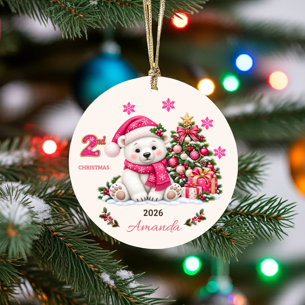 Personalized Baby Polar Bear Christmas Ornament, Baby's First Christmas, 1st–10th Christmas Keepsake, Custom Name and Year, Pink or Blue
