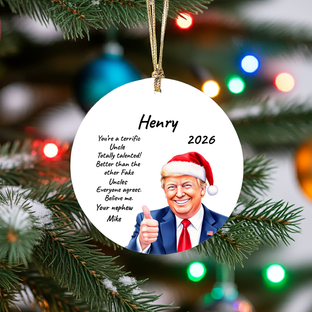 Personalized Trump Christmas Ornament, Funny Santa Hat Trump Gift, Custom Name Year and Relationship, 3 Inch Ceramic Holiday Keepsake