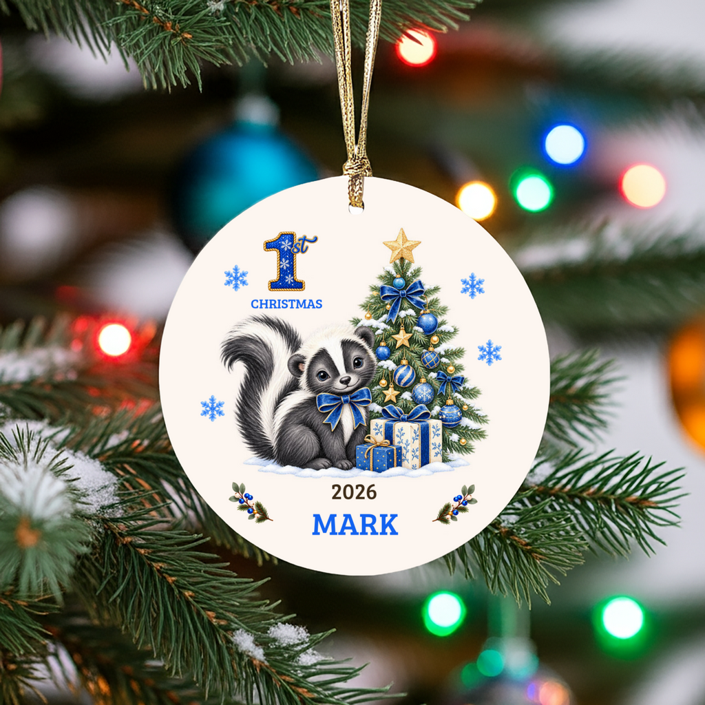 Personalized Baby Skunk Christmas Ornament, Baby's First Christmas, 1st–10th Christmas Keepsake, Custom Name and Year, Pink or Blue