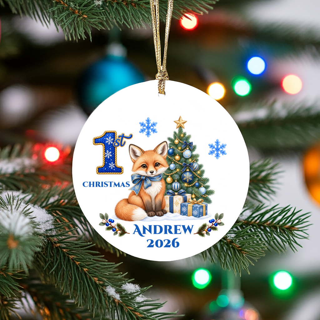 Fox Baby Personalized Christmas Ornament, Baby's 1st 2nd 3rd Christmas, Custom Name Year Ceramic Keepsake