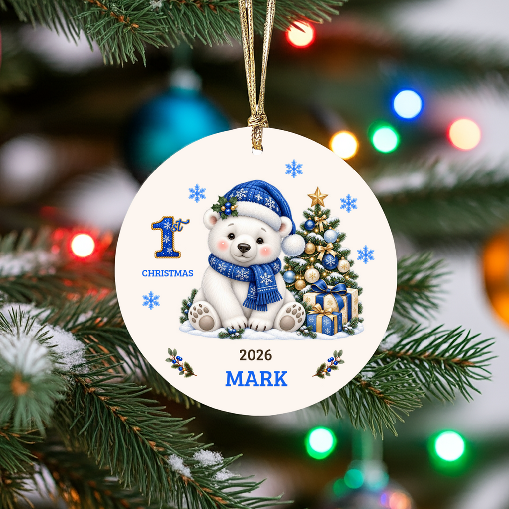 Personalized Baby Polar Bear Christmas Ornament, Baby's First Christmas, 1st–10th Christmas Keepsake, Custom Name and Year, Pink or Blue
