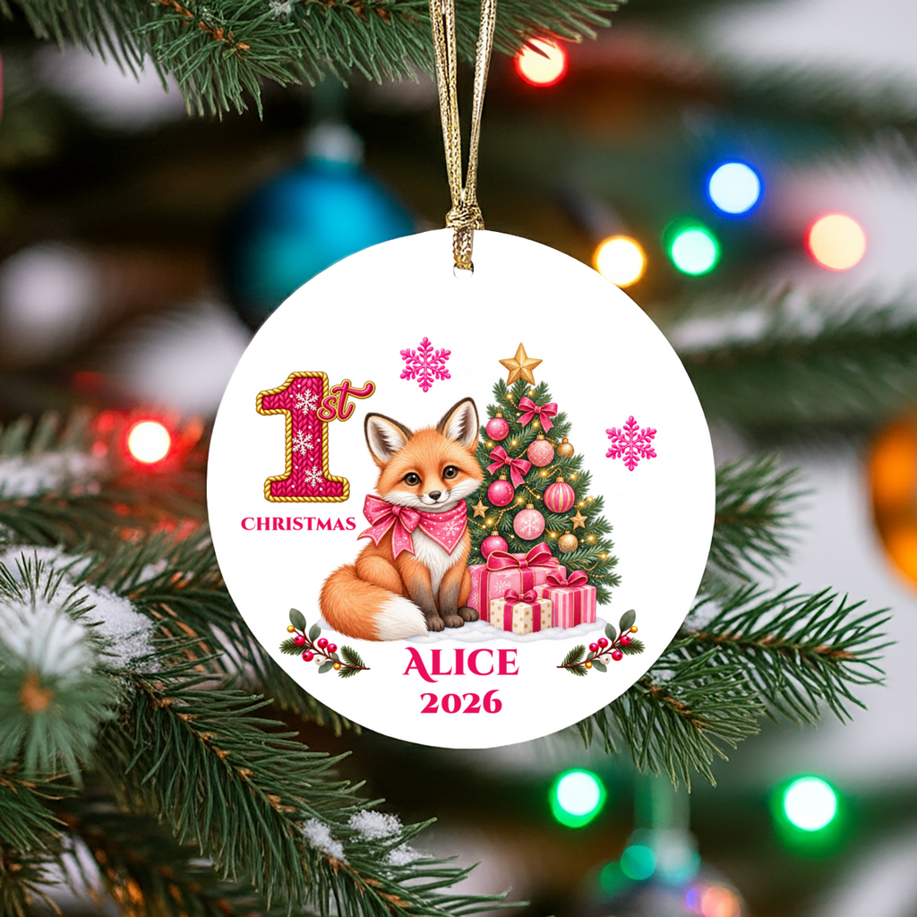 Fox Baby Personalized Christmas Ornament, Baby's 1st 2nd 3rd Christmas, Custom Name Year Ceramic Keepsake