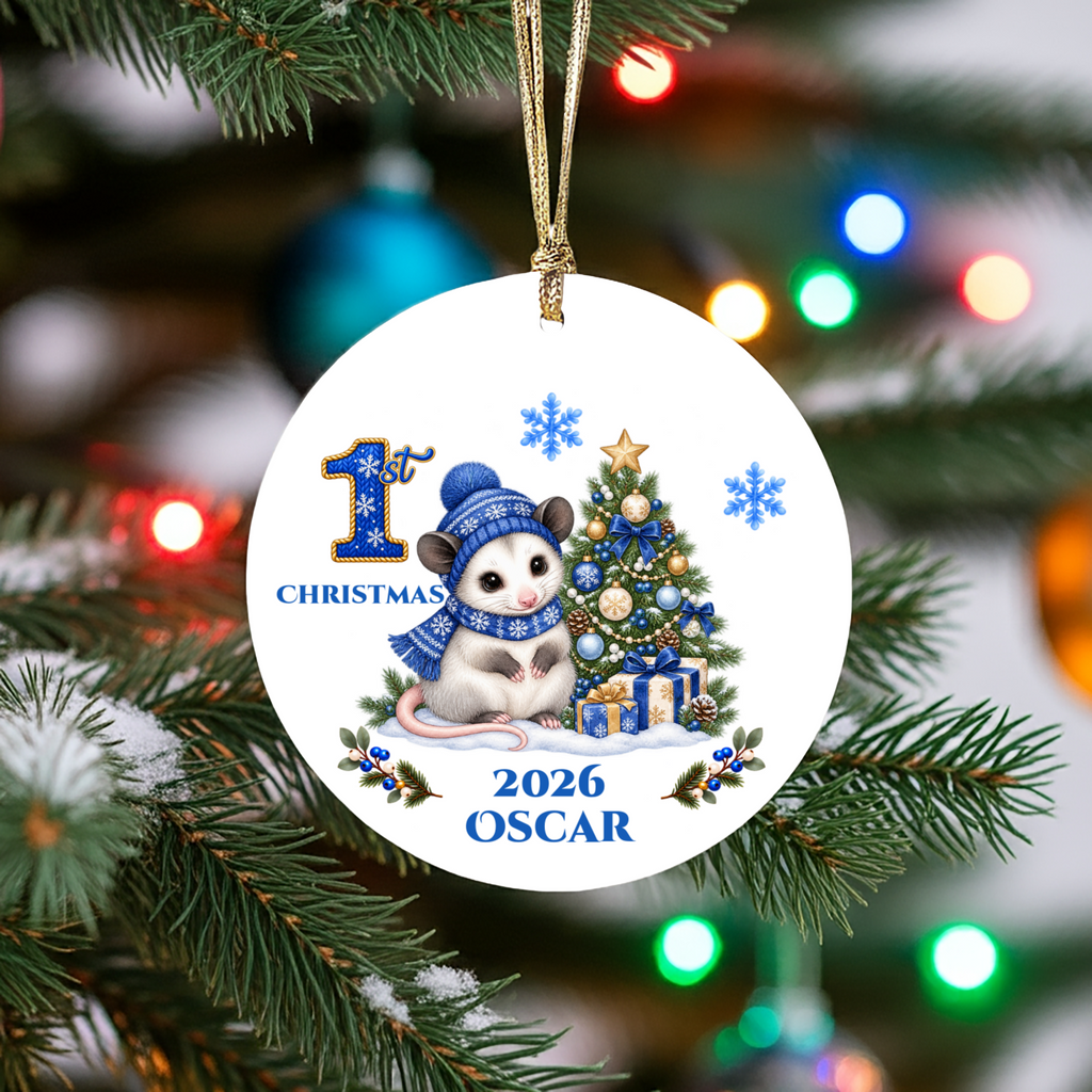 Opossum Baby Personalized Christmas Ornament, Baby's 1st 2nd 3rd Christmas, Custom Name Year Ceramic Keepsake, Boy Gift