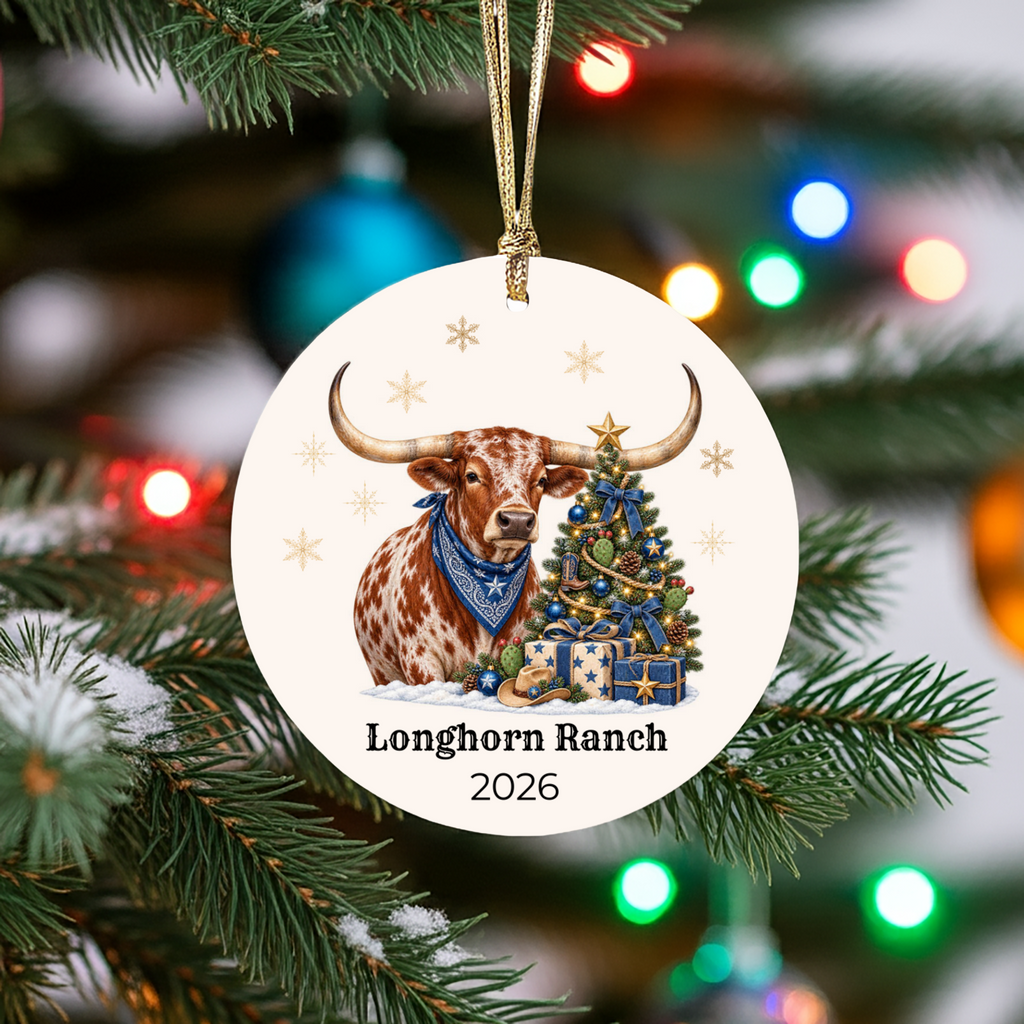 Personalized Longhorn Christmas Ornament, Western Cowboy Ceramic Ornament, Custom Name and Year
