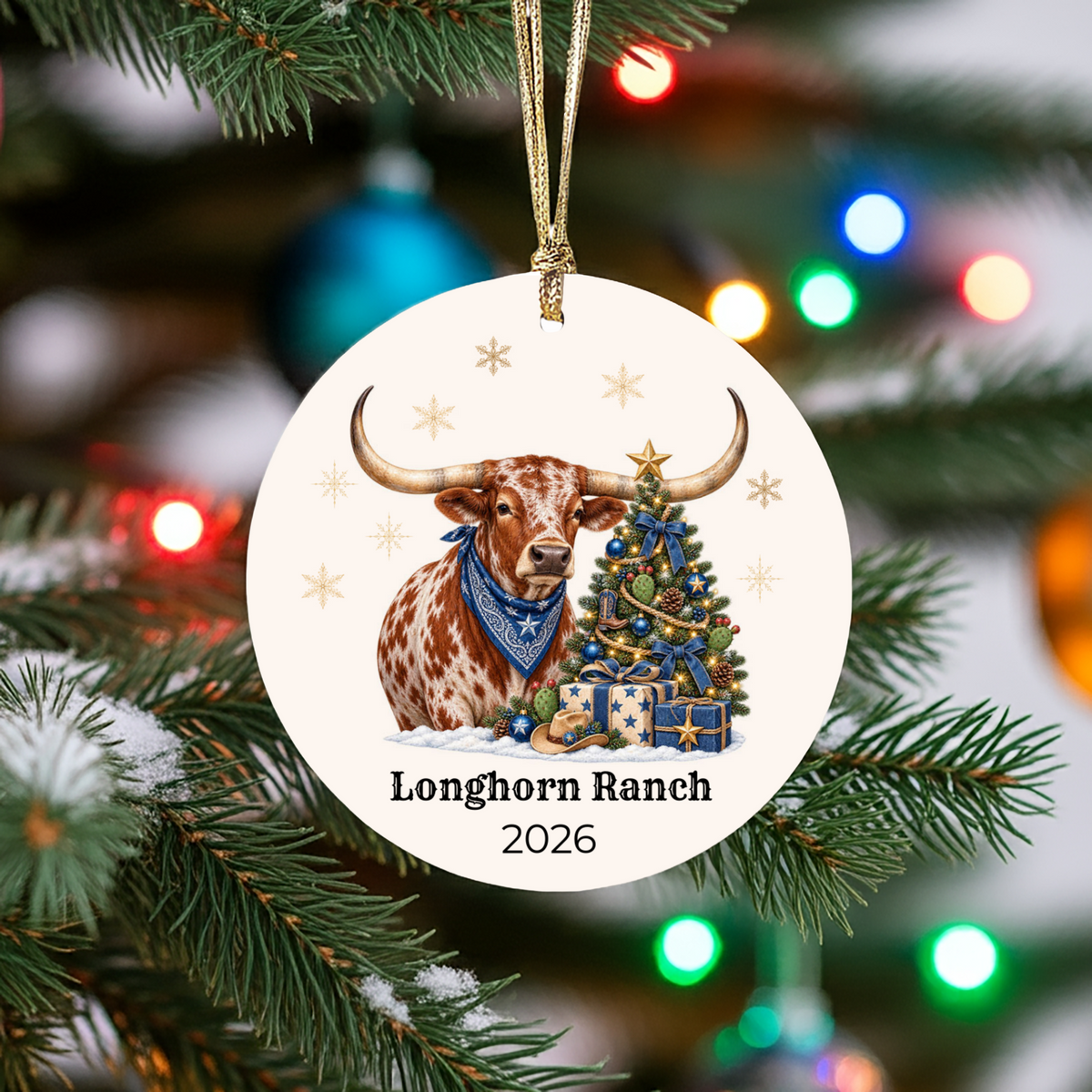 Personalized Longhorn Christmas Ornament, Western Cowboy Ceramic Ornament, Custom Name and Year