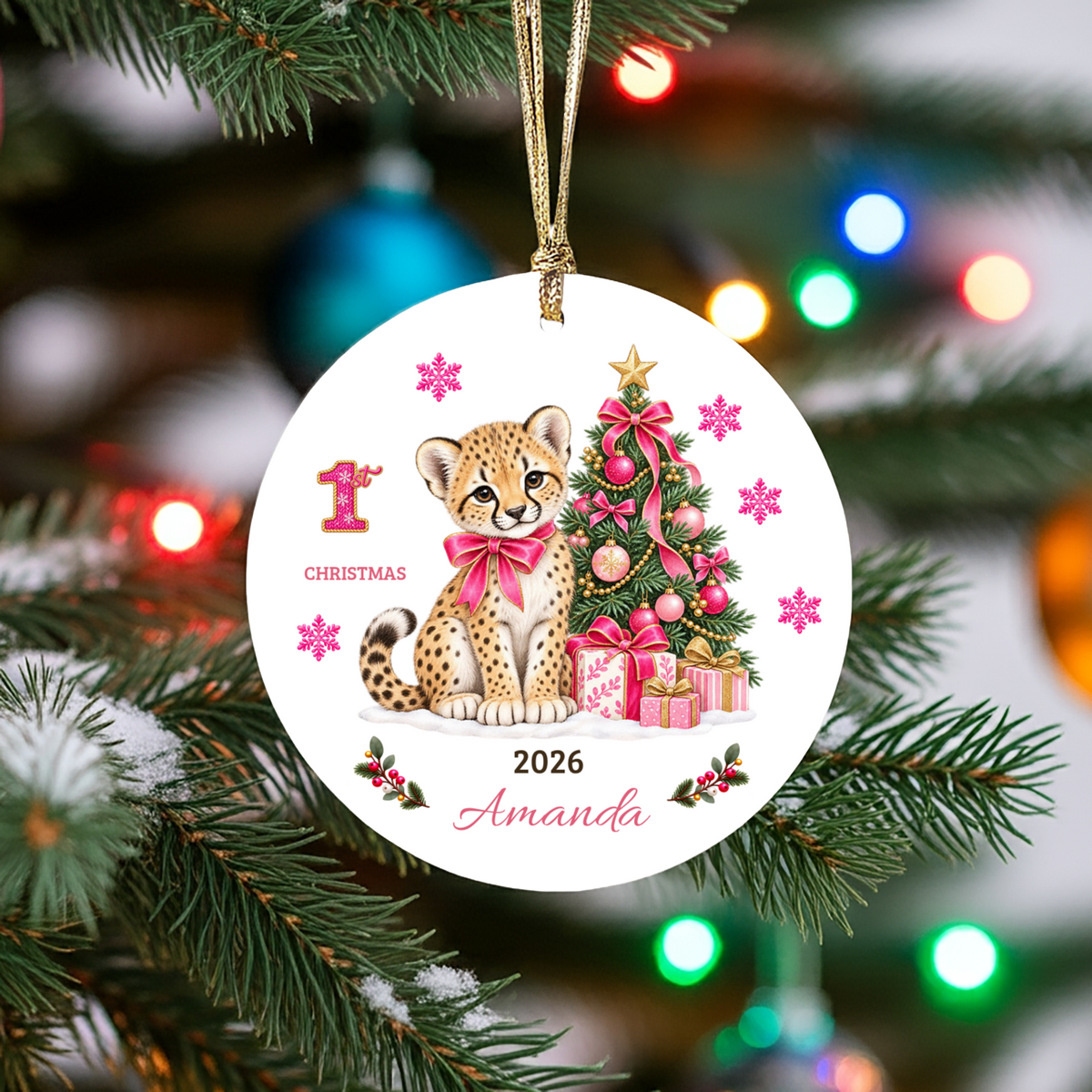 Personalized Baby Girl Cheetah Christmas Ornament, Baby's First Christmas, 1st–10th Year Keepsake, Custom Name and Year, Pink or Blue