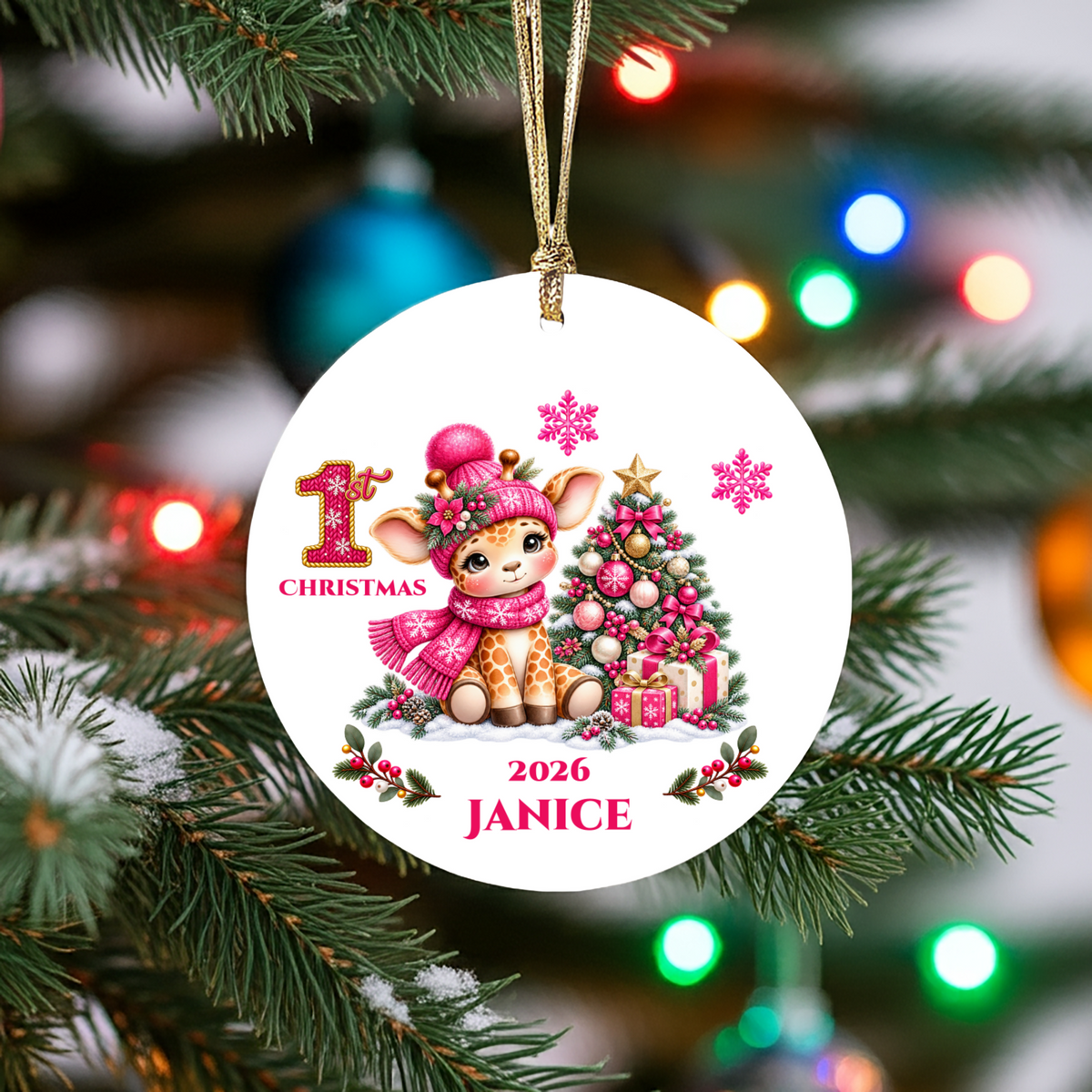 Giraffe Baby Personalized Christmas Ornament, Baby's 1st 2nd 3rd Christmas, Custom Name Year Ceramic Keepsake, Boy or Girl Gift