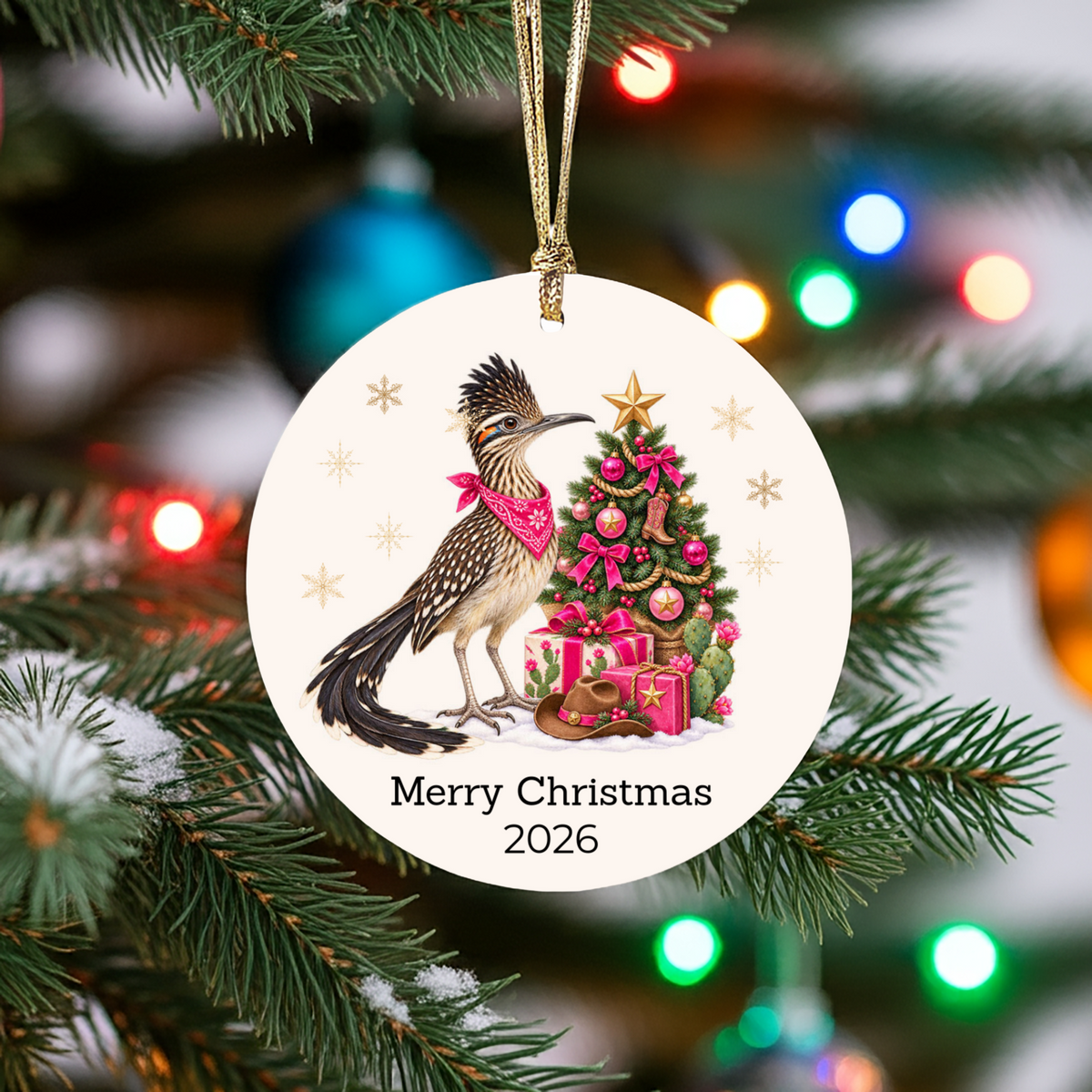 Personalized Roadrunner Christmas Ornament, Western Cowboy Cowgirl Decor, Blue or Pink, Custom Text and Year, Southwest Christmas Gift