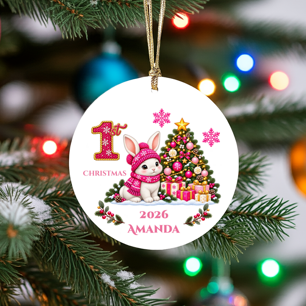 Baby Bunny Personalized Christmas Ornament. Baby's 1st 2nd 3rd Christmas, Custom Name Year Ceramic Keepsake, Girl Gift