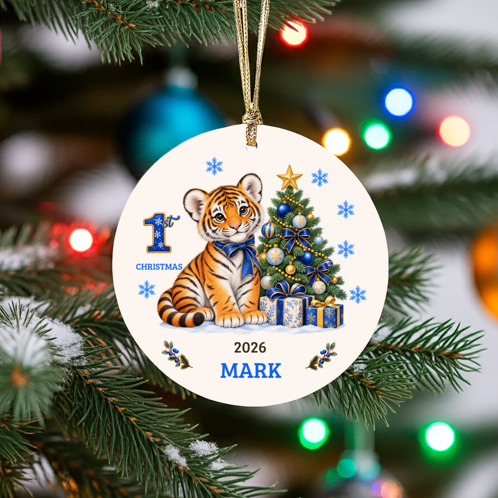 Personalized Baby Tiger Christmas Ornament, Baby's 1st to 10th Christmas Keepsake, Custom Name and Year, Pink or Blue, Ceramic Gift