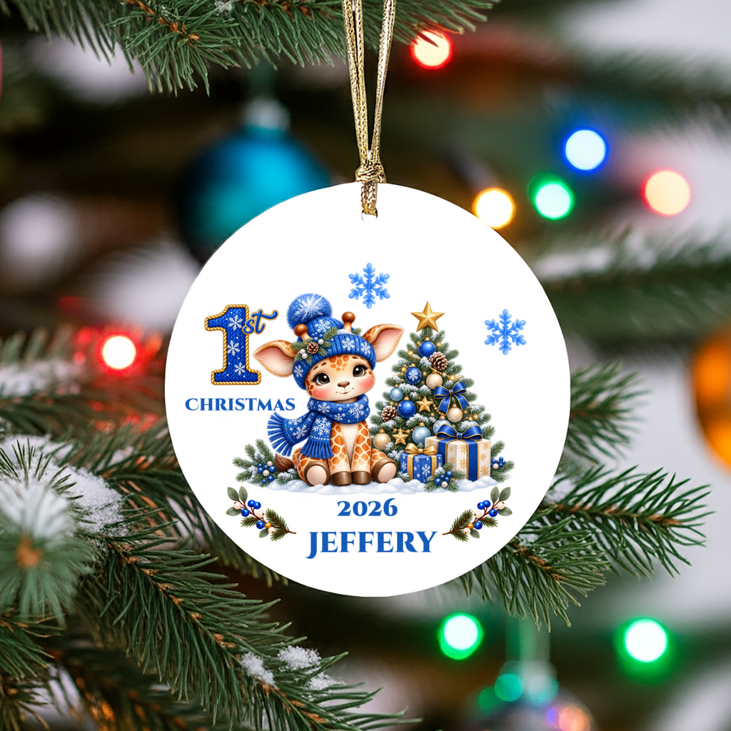 Giraffe Baby Personalized Christmas Ornament, Baby's 1st 2nd 3rd Christmas, Custom Name Year Ceramic Keepsake, Boy or Girl Gift