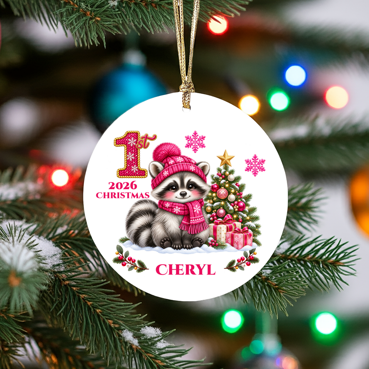 Baby Raccoon Personalized Christmas Ornament, First Christmas Keepsake, Pink Winter Animal Ceramic Tree Decoration, New Baby Gift 2026