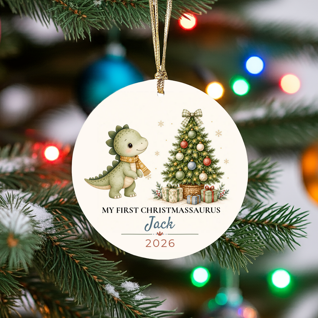 Personalized Dinosaur Christmas Ornament, Baby 1st 2nd 3rd Christmas, Custom Name Year, Christmassaurus Ceramic Keepsake