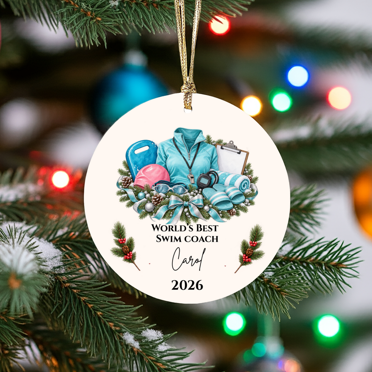 Personalized Swim Coach Ornament, Swimming Coach Christmas Gift, Custom Coach Appreciation Keepsake, Swim Team Gift, Name and Year