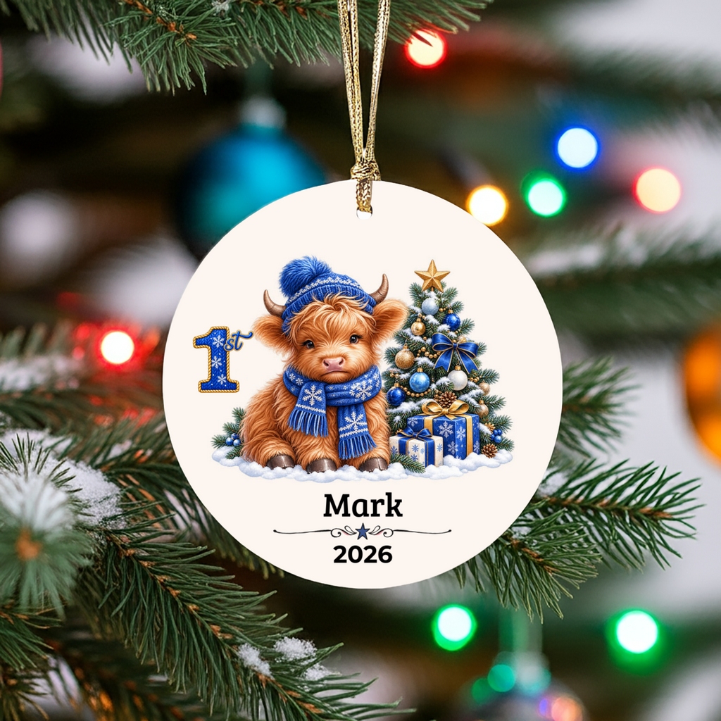Personalized Christmas Ornament – Pink or Blue Highland Cow First, Second, Third Christmas 2026, Custom Name Keepsake, 3 Inch Ceramic Holiday Decor