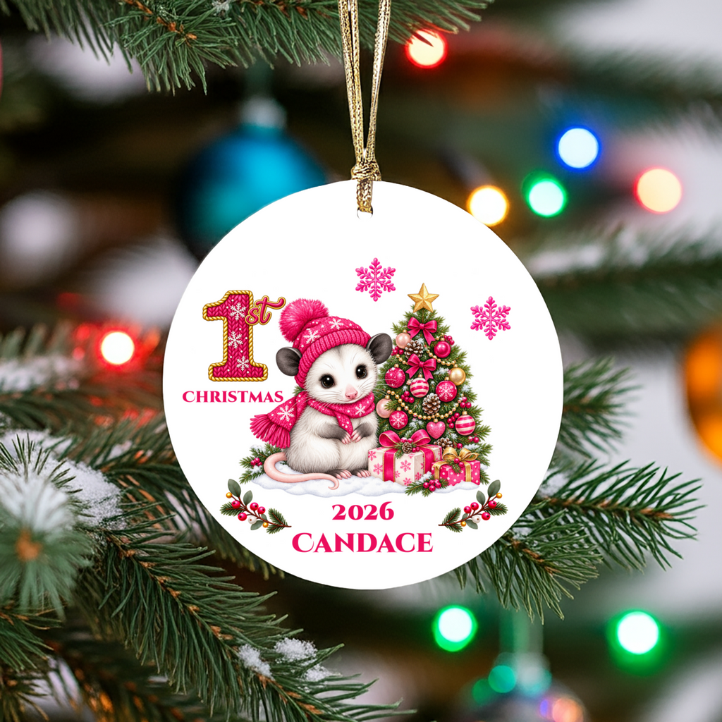 Opossum Baby Personalized Christmas Ornament, Baby's 1st 2nd 3rd Christmas, Custom Name Year Ceramic Keepsake, Boy Gift