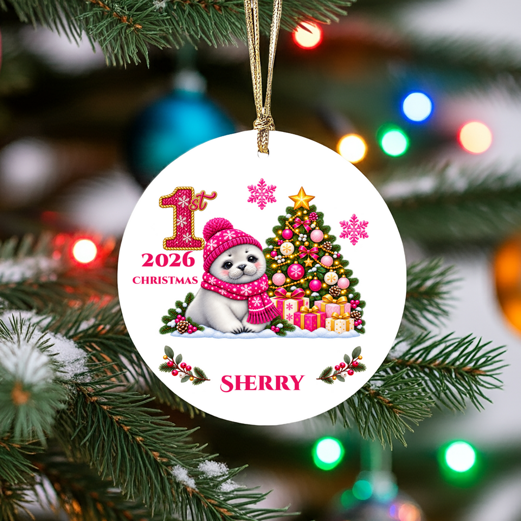 Baby Seal Pup Personalized Christmas Ornament, Custom Name Year Ceramic Keepsake, Baby’s 1st 2nd 3rd Christmas, Girl Gift