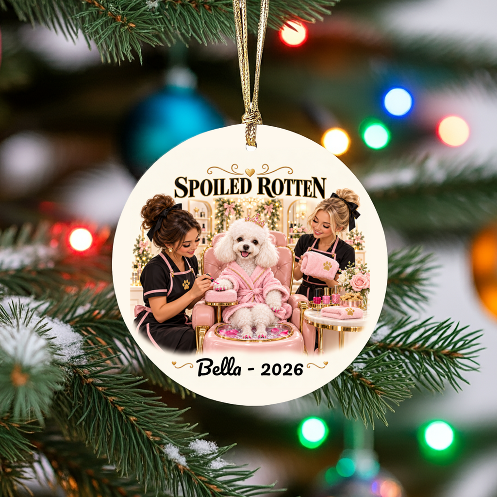 Personalized Pet Photo Christmas Ornament, Spoiled Rotten Dog Spa Ornament, Custom Dog or Cat Gift, Pet Name and Year, Ceramic Keepsake