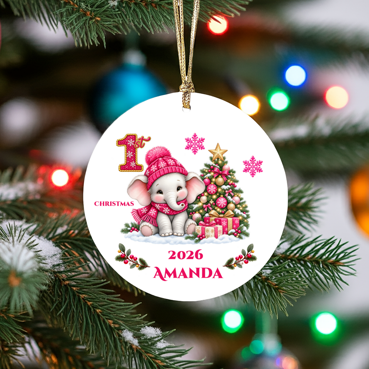 Elephant Baby Personalized Christmas Ornament, Baby's 1st 2nd 3rd Christmas, Custom Name Year Ceramic Keepsake, Girl Gift