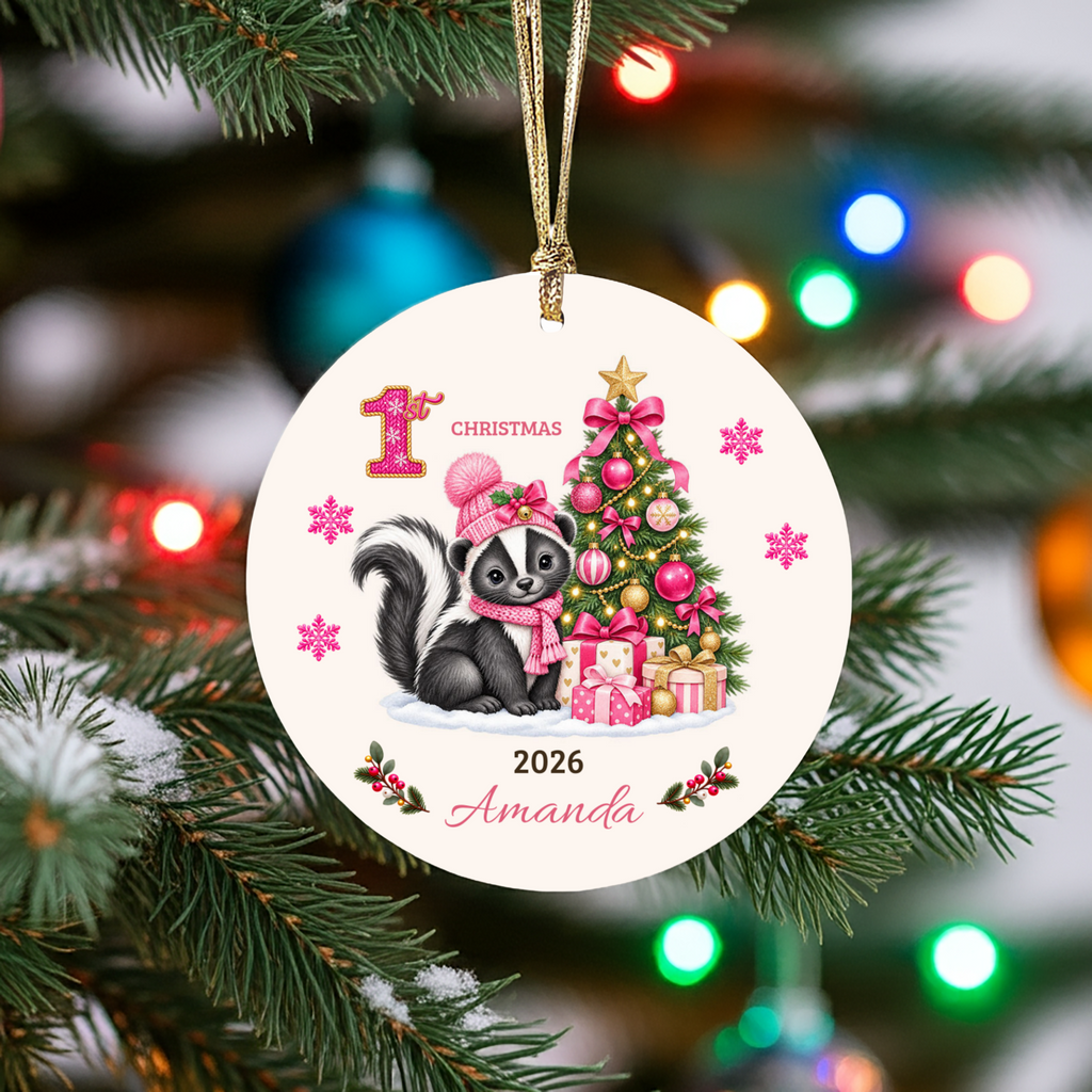 Personalized Baby Skunk Christmas Ornament, Baby's First Christmas, 1st–10th Christmas Keepsake, Custom Name and Year, Pink or Blue