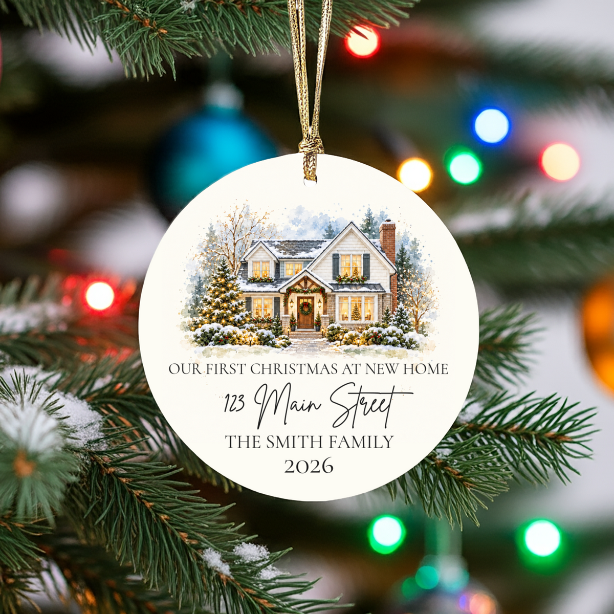 Custom House Photo Christmas Ornament, Personalized First Christmas in New Home, Watercolor House Portrait, Address Family Name Ceramic Gift