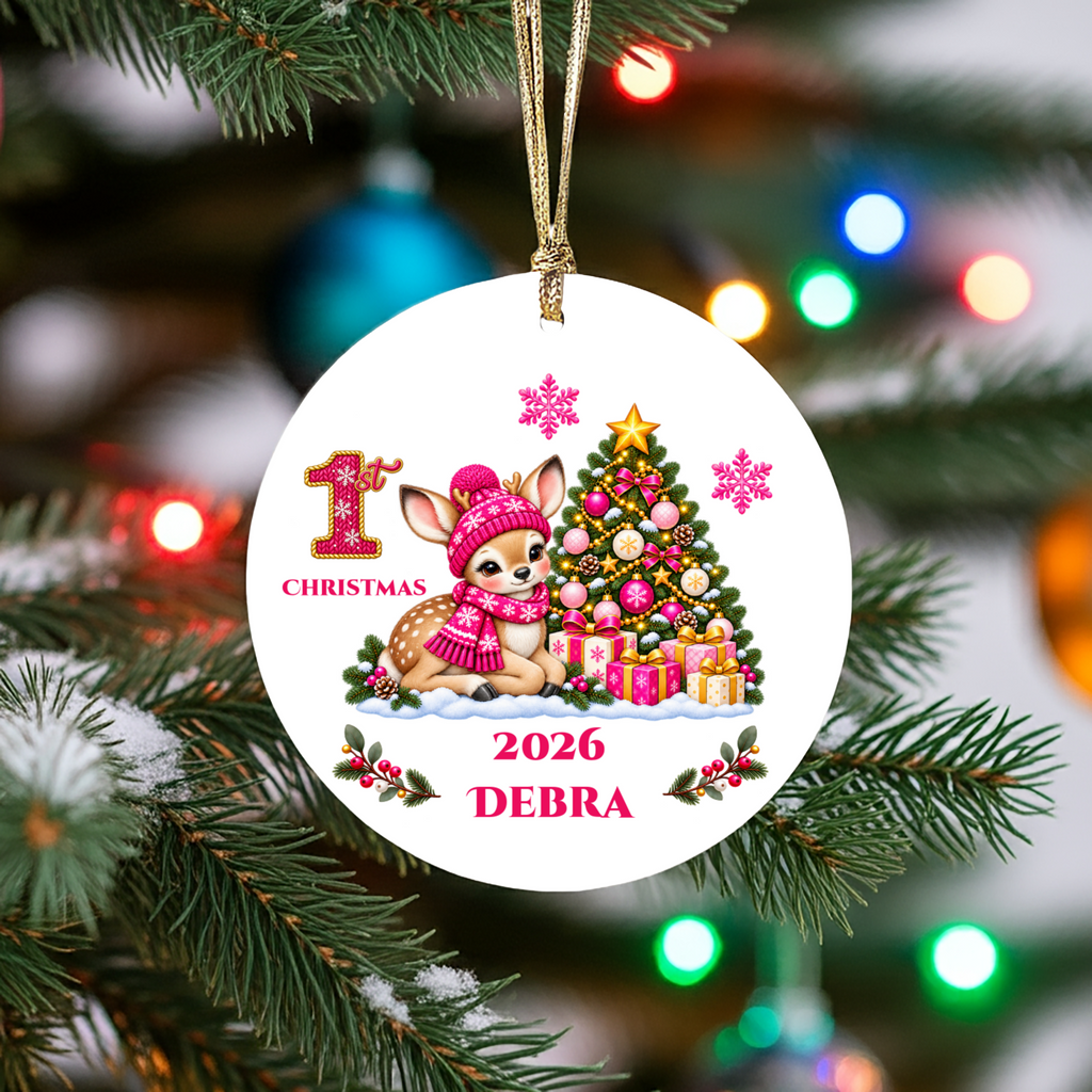 Fawn Baby Personalized Christmas Ornament, Baby's 1st 2nd 3rd Christmas, Custom Name Year Ceramic Keepsake, Boy or Girl Gift