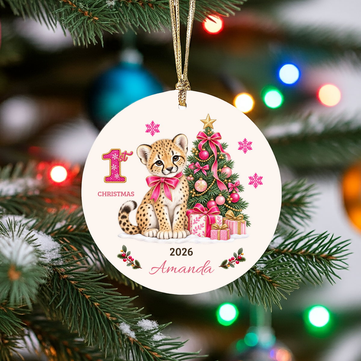 Personalized Baby Cheetah Christmas Ornament, Baby's First Christmas, 1st–10th Year Keepsake, Custom Name and Year, Pink or Blue