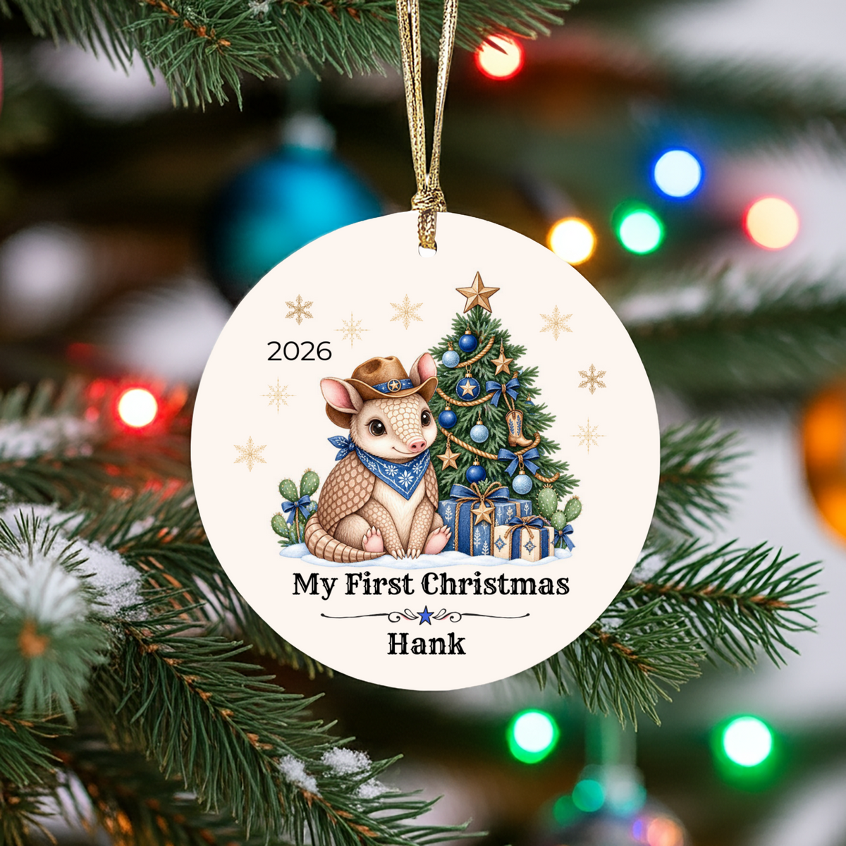 Personalized Baby Armadillo Christmas Ornament, Baby's First Christmas, Western Cowboy Cowgirl Baby Gift, Custom Name Year, Blue or Pink