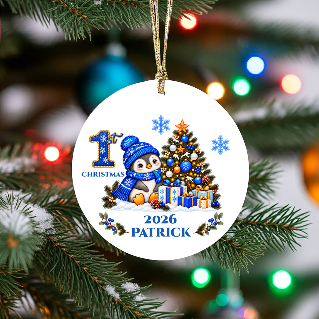 Penguin Baby Personalized Christmas Ornament, Baby's 1st 2nd 3rd Christmas, Custom Name Year Ceramic Keepsake, Boy or Girl Gift