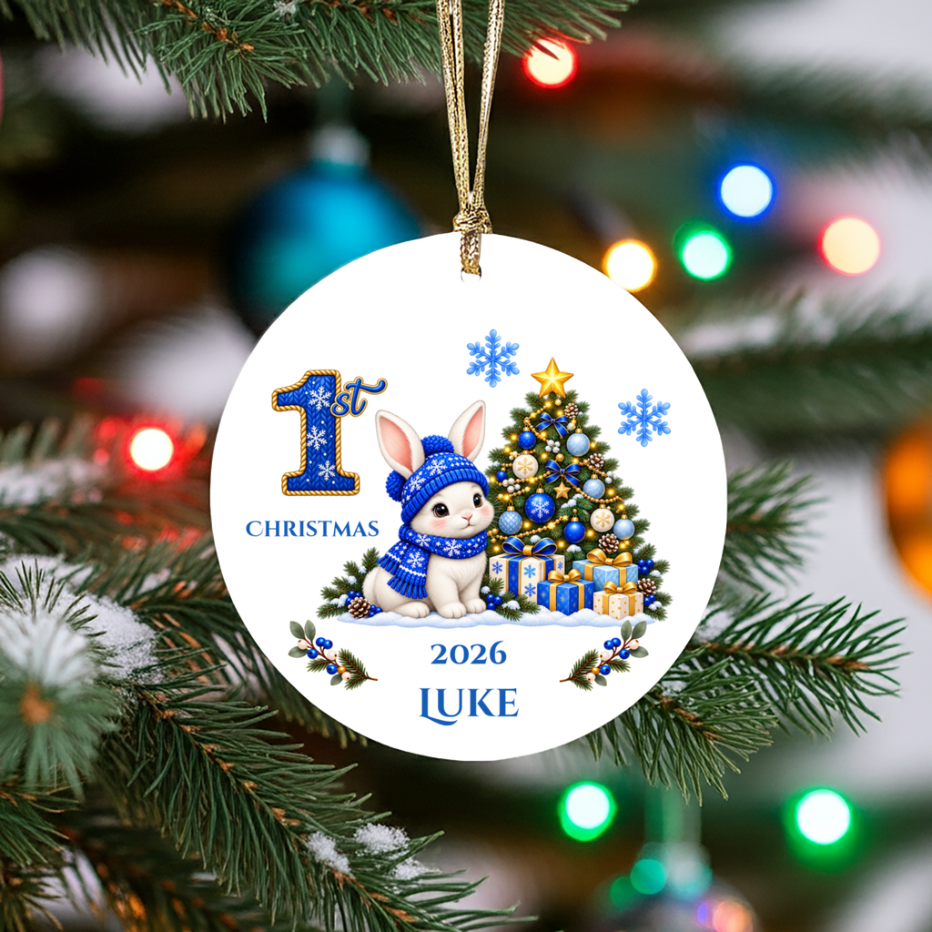 Baby Bunny Personalized Christmas Ornament. Baby's 1st 2nd 3rd Christmas, Custom Name Year Ceramic Keepsake, Girl Gift