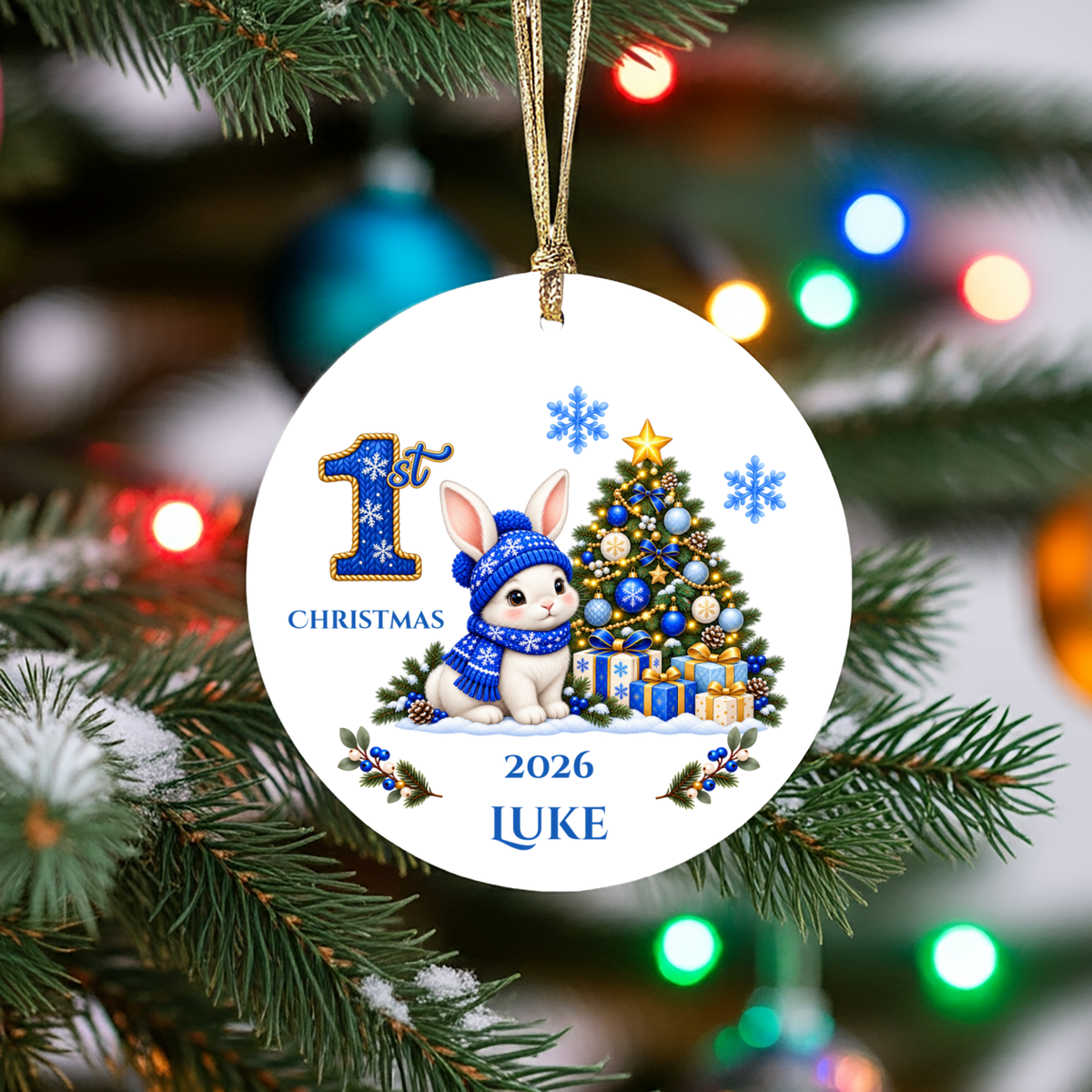 Baby Bunny Personalized Christmas Ornament. Baby's 1st 2nd 3rd Christmas, Custom Name Year Ceramic Keepsake, Girl Gift