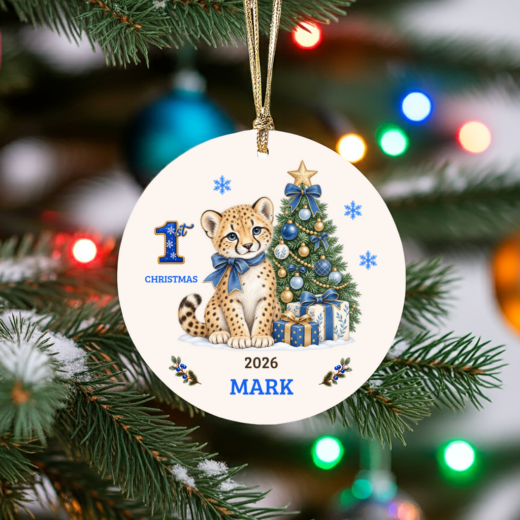 Personalized Baby Cheetah Christmas Ornament, Baby's First Christmas, 1st–10th Year Keepsake, Custom Name and Year, Pink or Blue