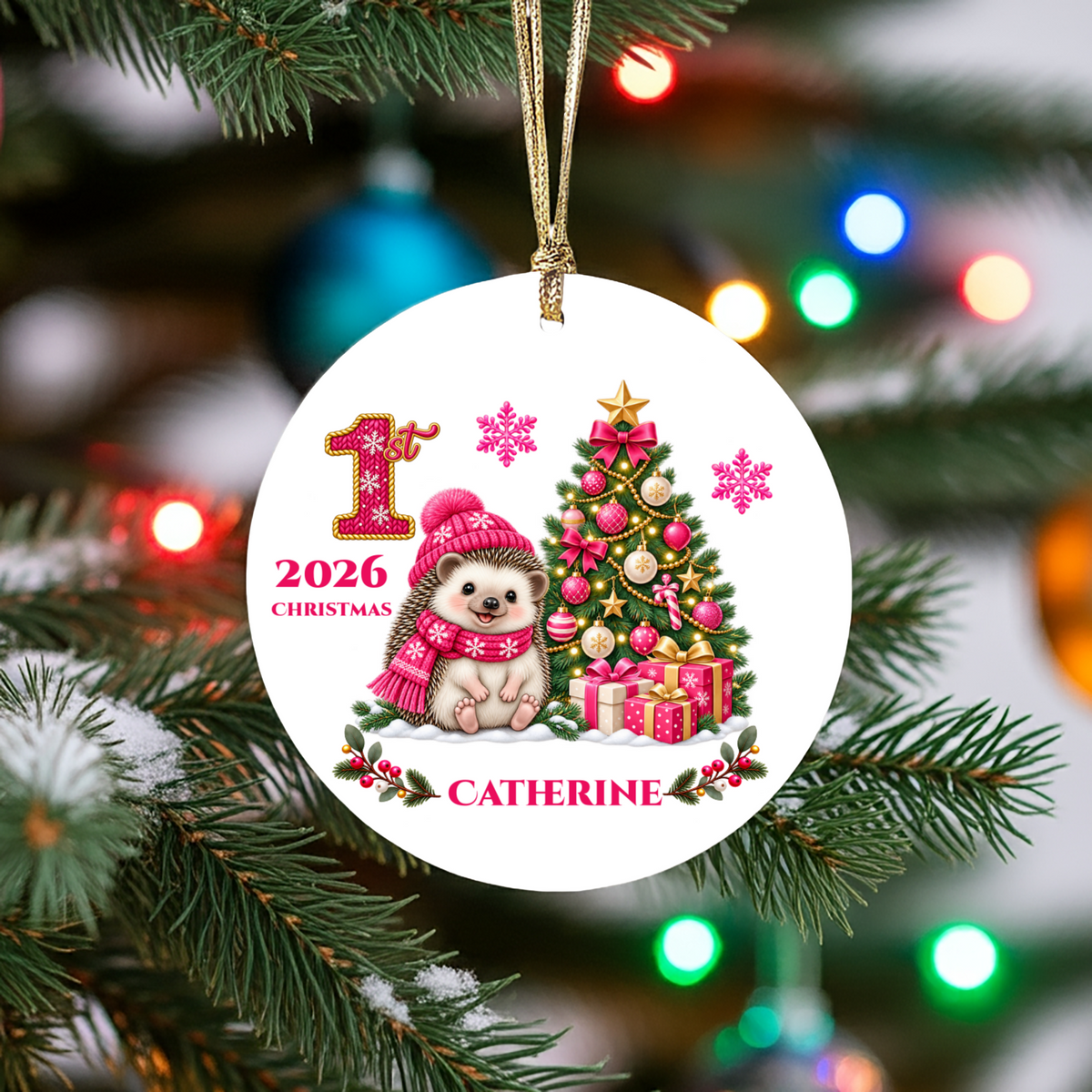 Hedgehog Baby Personalized Christmas Ornament Pink, Baby's 1st 2nd 3rd Christmas, Custom Name Year Ceramic Keepsake, Girl Gift